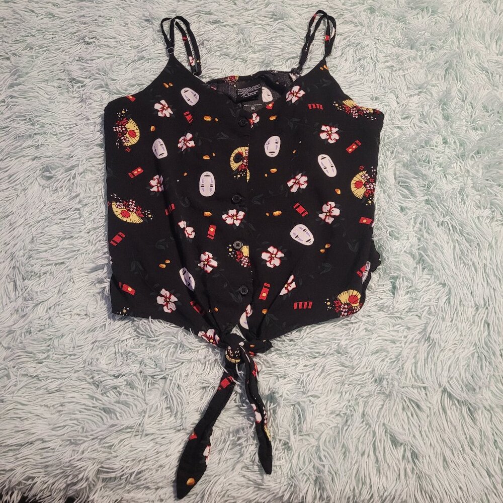 Hot Top Studio Ghibli Spirited Away Icon Tie Front Woven Tank Top Black Size M